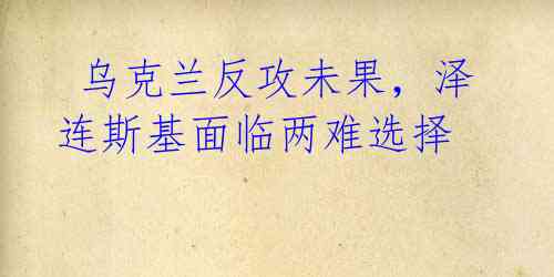 乌克兰反攻未果，泽连斯基面临两难选择