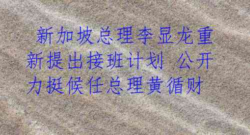  新加坡总理李显龙重新提出接班计划 公开力挺候任总理黄循财