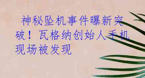  神秘坠机事件曝新突破！瓦格纳创始人手机现场被发现