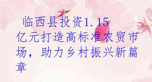 临西县投资1.15亿元打造高标准农贸市场，助力乡村振兴新篇章