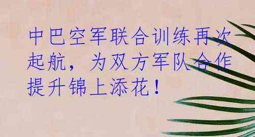 中巴空军联合训练再次起航，为双方军队合作提升锦上添花！