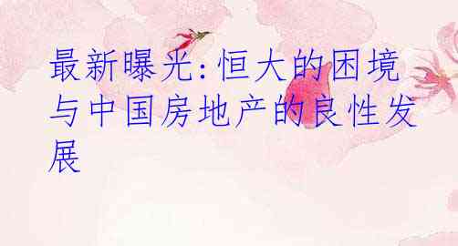 最新曝光:恒大的困境与中国房地产的良性发展