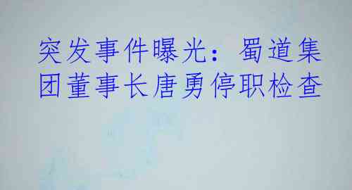 突发事件曝光：蜀道集团董事长唐勇停职检查