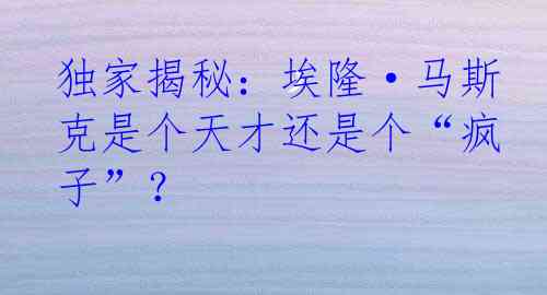 独家揭秘：埃隆·马斯克是个天才还是个“疯子”？