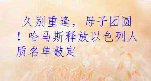  久别重逢，母子团圆！哈马斯释放以色列人质名单敲定