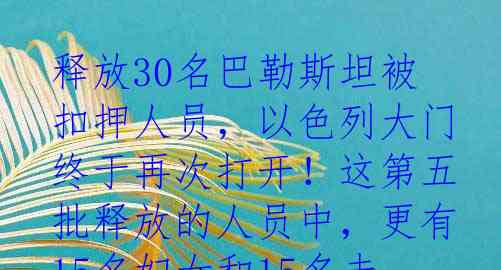 释放30名巴勒斯坦被扣押人员，以色列大门终于再次打开！这第五批释放的人员中，更有15名妇女和15名未成年人，可谓温情满满