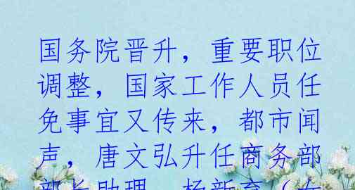 国务院晋升，重要职位调整，国家工作人员任免事宜又传来，都市闻声，唐文弘升任商务部部长助理，杨新育（女）成为新设常驻联合国
