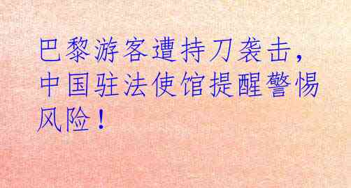巴黎游客遭持刀袭击，中国驻法使馆提醒警惕风险！