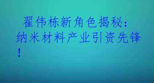  翟伟栋新角色揭秘：纳米材料产业引资先锋！
